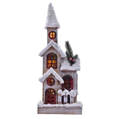 Casa de Navidad Madera Ventanas Rojas con Luz a Bateria 16,5X10X42 CM