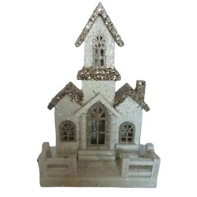 Iglesia de Navidad Tres Techos, Ventanas Doradas con Luz a Bateria 28X13X42 CM