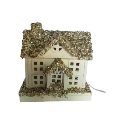 Casa de Navidad 2 Techos Dorado con Lentejuelas y Chimenea con Luz a Bateria 23X12X26CM
